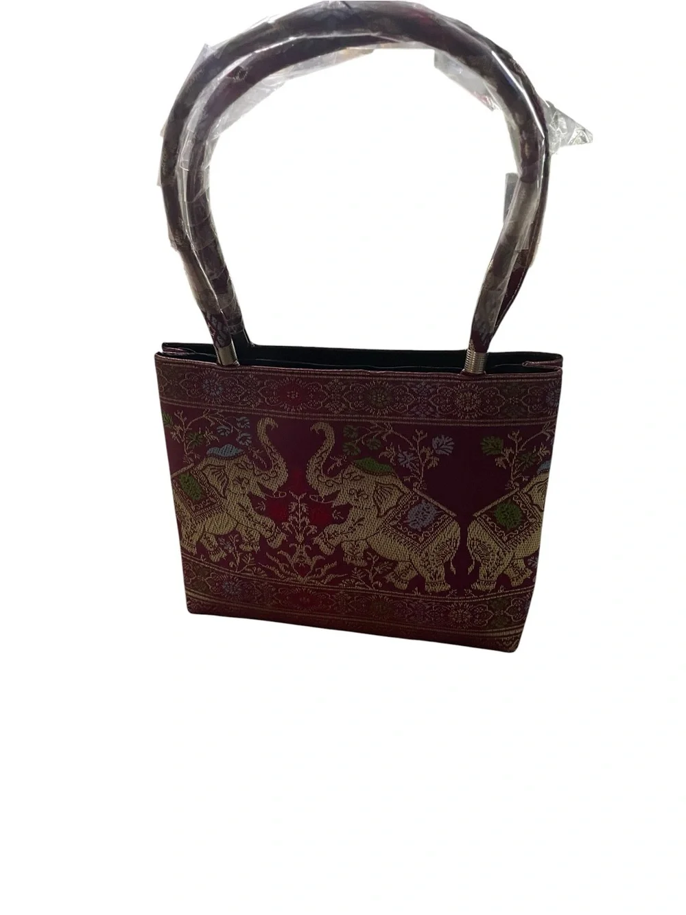 Embroidered Elephant Tote in Burgundy with Gold Accents Thai style